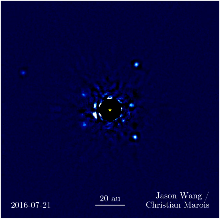 Exoplanètes autour de l'étoile HD-8799 (image W.M Keck Observatory)