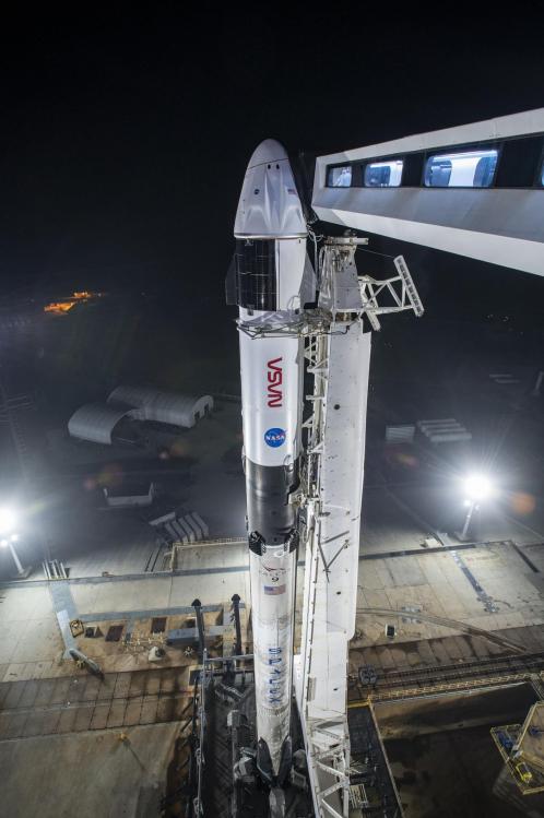 La fusée Falcon 9 et la capsule Dragon 2 sur le pas de tir (image SpaceX)