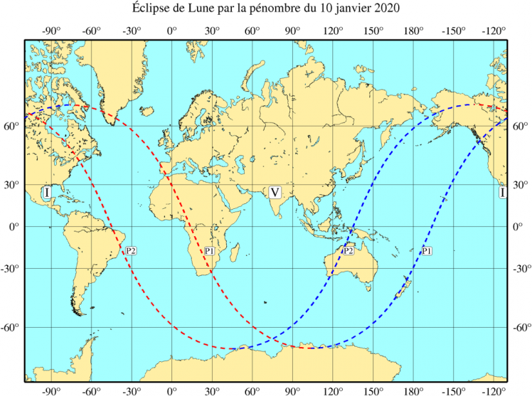 Visibilité de l'éclipse du 10 Janvier 2020 (image IMCCE)