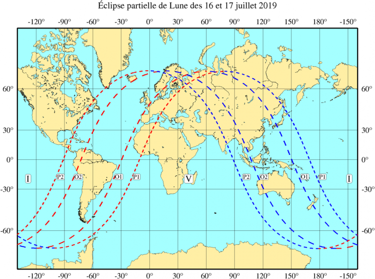 Visibilité de l'éclipse du 16 Juillet 2019 (image IMCCE)