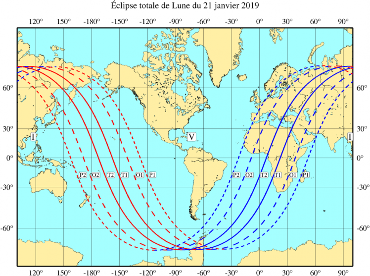 Visibilité de l'éclipse du 21 Janvier 2019 (image IMCCE)