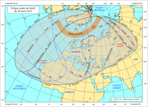 Zone de visibilité de l'éclipse du 20 Mars 2015 (image IMCCE)