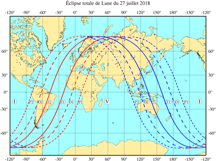 Visibilité de l'éclipse du 27 Juillet (image IMCCE)